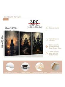 Juego de 3 obras de arte de lienzo de Halloween, arte de pared de academia oscura, bruja espeluznante, gato negro, castillo, carteles, impresiones, thriller, horror, decoración gótica de pared para fiesta de Halloween, decoración de la habitación, decoración gótica, decoración de dormitorio, decoración de sala de estar