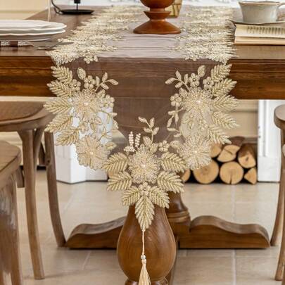 1 pieza Exquisito Camino de mesa bordado 3D con flores, estilo palaciego europeo romántico, detalles de bordado delicados, adecuado para cocina, comedor, sala de estar, hogar, fiesta, hotel, restaurante, boda, banquete, cena, celebración festiva, decoración de mesa, regalo festivo, disponible en múltiples tamaños, rectangular