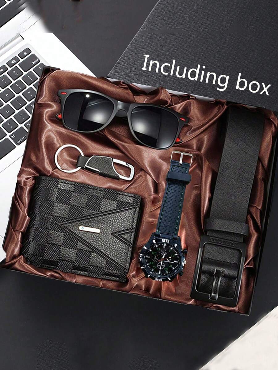 5件套：男士休闲创意石英表、钱包、钥匙扣、皮带、太阳镜礼盒套装