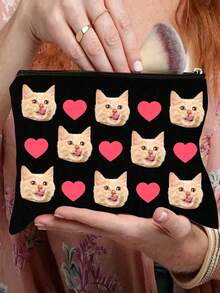 1pc Customized Cat Photo Makeup Bag, Cute Cat Themed Gift, Small Pet Lover Travel Cosmetic Bag, Zipper Storage Pouch, Suitable For Teens, Daughters, Sisters, Fun Pet Supplies Birthday Christmas Decor Cosmetic Organizer, Mini Makeup Bag, Travel Small Makeup Box Accessories, Makeup Brush Holder, Cosmetic Container, Makeup Pouch, Travel Essential, Women's Accessory, Travel Supplies, School Makeup Bag, Holiday Makeup Bag, Winter Holiday Makeup Bag - Black - View 2