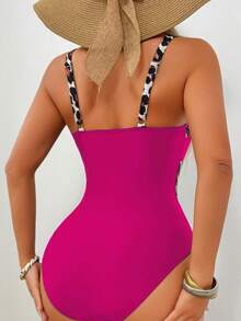 Summer Fashion Bikini Swimsuit One-Piece, Beach Monokini, European & American Sexy Color Blocking Swimwear, For Spa, Holiday, Party, Women Vacation - Hot Pink - View 2