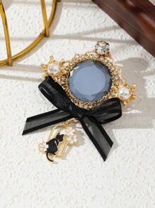 1 peça de acessório elegante com glitter e design de balanço de gato, distintivo escolar, strass grande, broche com laço de fita, broche de joia de luxo, broche de lapela para presente de namoro, adequado para uso diário