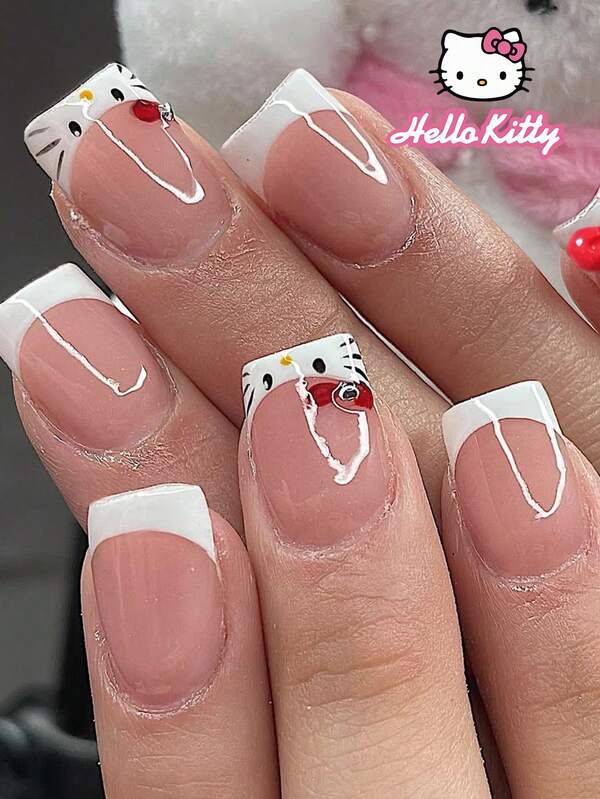 Sanrio Sanrio Hello Kitty 24Pcs Square Nail Stickers Sanrio French Tip Press On Nails With Cute Hello Kitty , Bow And Rhinestones Design ,Perfect Fit False Nail Set, Includes: 1Pc Jelly Glue And 1Pc Nail File ,Hello Kitty Nails For Women And Girls Daily Life And Party Use Nail Supplies Nails