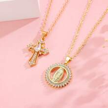 1 Set Elegant Christian Cross & Virgin Mary Icon Pendant Necklace, Fashion Jewelry Accessory Suitable For Daily, Holiday Wearing, Memorial Gift