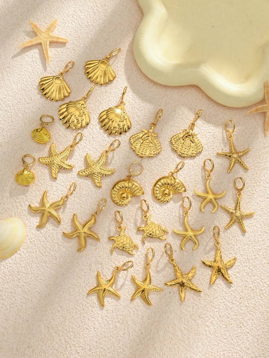 1 paire / 5 paires de boucles d'oreilles vintage en forme d'étoile de mer et de coquillage, plaquées or en acier inoxydable. Conviennent pour un port quotidien, une fête de plage, des vacances, un usage quotidien. Excellent cadeau pour les amis