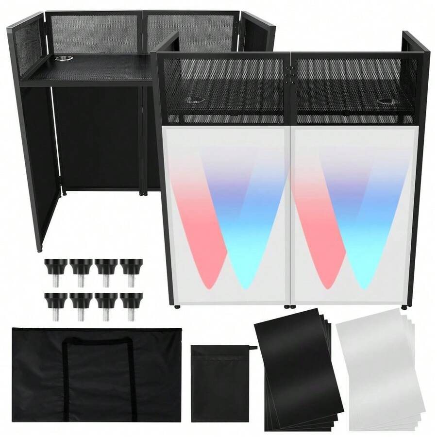 Huisuilinss Portable DJ Facade Booth,Portable DJ Booth,Foldable DJ Table Stand,Metal Frame DJ Table Station,DJ Booth Panel With White & Black Scrim,Adjustable Feet For Show Party Gathering - 50" - View 1