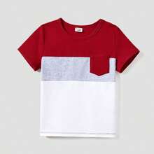 PP Family Matching Color Block Tee And Button Belted Spliced A-Line Dress Sets - 酒紅色 - 查看 5