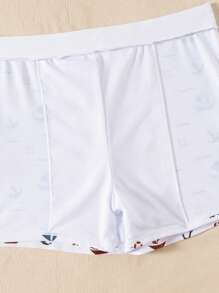 Men's Anchor Print Drawstring Swimming Trunks - Stretchy Fabric, White With Red & Blue Anchor Design, Suitable For Summer Beach And Swimming Pool