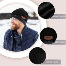 4 件套冬季帽子围巾手套宽松无檐小帽雪针织骷髅帽触摸屏手套圆形围巾冬季针织无檐小帽颈部保暖围巾和触摸屏手套套装男士保暖内衬骷髅帽冬季配饰冬季服装 - A - 查看 2