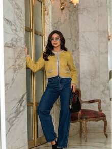 Jaqueta tweed Cropped e bolsos frontais - Amarelo - Visão 6