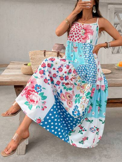 Vestido casual de verano para vacaciones con tirantes finos, estampado de flores y diseño geométrico en patchwork para mujer