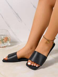 Wide Fit Rhinestone Decor Comfortable Casual Flat Slippers, Women Summer Outdoor Slip-On Sandals, Braided Roman Style, Suitable For Dress, Beach, Holiday - Black - View 4