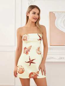 Women Mini Tube Top Dress Slim Flower/Butterfly/Starfish Off Shoulder Sleeveless Bodycon Dress For Party Club - Light Yellow - View 1