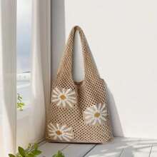 1pc Fashionable Contrast Color Jacquard Daisy Pattern Hollow Out Crochet Knitted Tote Bag, Minimalist Floral Design Shoulder Bag For Summer, Large Capacity Open Beach Bag, Suitable For Women Shopping, Casual, Holiday Travel, Great Gift For Her