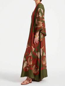 Women's Retro Printed Stand Collar Mid-Sleeve Maxi Dress - Dark Green - View 2