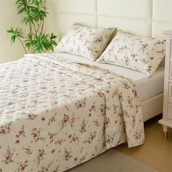 3pcs Skin-Friendly Printed Quilted Bedspread Set With Anti-Slip Dots On Bottom (Includes Bedspread & Pillow Covers)