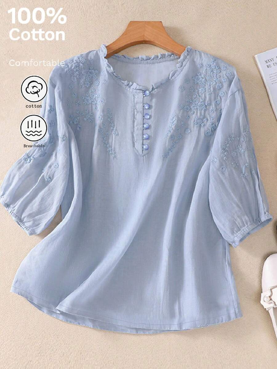 Women's Spring/Summer Embroidered Loose Bohemian Retro Mid-Sleeve Blouse Top, Summer Casual Woman, Country Women - 藍色 - 查看 1
