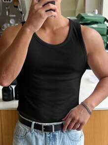 Top canottiera uomo casual vintage con costine, colore unito, stile da strada, sensuale, senza maniche, adatto per primavera/estate