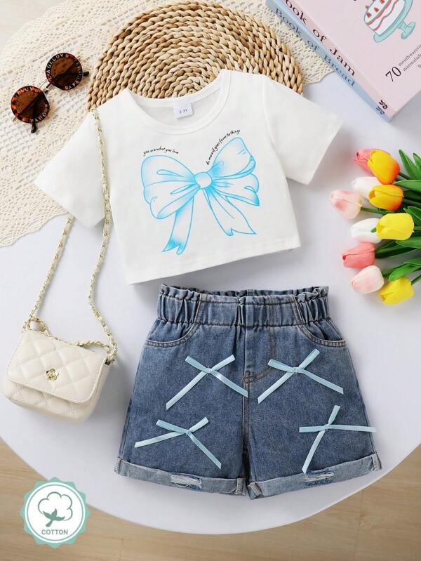 2pcs/Set Fashion Cute Girl Outfit, Soft, Breathable And Comfortable, Bow Pattern Round Neck Short Sleeve T-Shirt And Sewn Bow Decor Navy Blue Denim Shorts