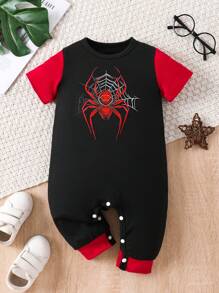 Toddler Boys' Fashionable Casual Cute Simple Outdoor Soft Gift Spiderweb Print Crew Neck Short Sleeve Romper, Summer