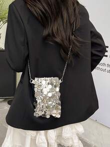 1pc Quilted Snap Closure PVC Sequin Small Square Bag, Fashion Glitter Coin Purse Phone Pouch, Women Party Handbag With Chain Strap, Sparkling Crossbody Bag For Ladies Attending Banquet, Party, Dinner - Silver - View 4