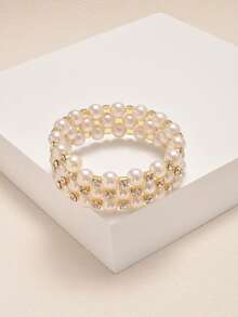 1pc Simple Fashion Triple Pearl & Rhinestone Adjustable Wire Cuff Bracelet, Lightweight & Elegant, Suitable For Daily Life And Parties, Ideal Teenage Girl Jewelry Gift