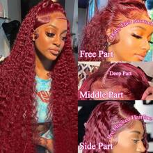 Perruque de cheveux humains à ondulation profonde 99j bordeaux avec densité de 200% et frontale en dentelle de 34 pouces. Perruque à front en dentelle de cheveux humains ondulés naturels de 13x4 avec hairline naturel et cheveux bébé, conçue pour femmes.