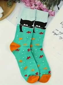 1 par de calcetines casuales y coloridos con estampado de gato lindo