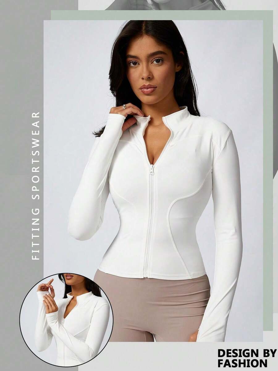 NcmRyu 1pc Solid Color Thumb Hole Long Sleeved Sports Zipper Jacket Yoga Comfortable Activewear For Fitness Gym Running And Outdoor Activities Summer Conjunto Deportivo Mujer - 白色 - 查看 1