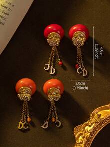 一对复古蝴蝶球流苏耳环，两种颜色可选，适合日常佩戴，可作为派对礼物 - 橘色 - 查看 4