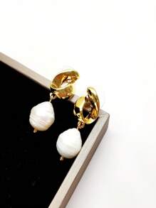 1 Pair Elegant Baroque Style Natural Freshwater Pearl 18K Gold Plated Copper Women's Earrings, Suitable For Daily, Dating, Party, Mother's Day, Birthday Gift