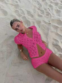 Women's Summer Vacation Outfits Crochet Mesh Sexy Hollow Beach Short Sleeve Knit Cardigan +Shorts 2 Pieces Set - Vacation 2 Pieces Sets Woman, Crochet Cover Club Outfits Women Sexy Slim Fit