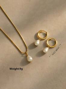 Set de 3 piezas de joyería de acero inoxidable a prueba de agua y resistente al deslustre, con aro de pendientes y collar con gota de agua y perla, adecuado para uso diario de mujeres, en color oro/plata