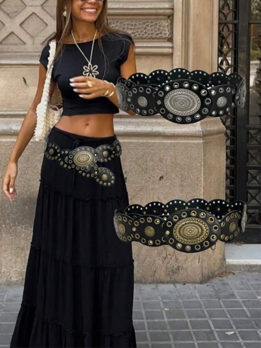 1 chiếc thắt lưng bản rộng đính đinh tán bằng da PU phong cách Bohemian kiểu Tây thường ngày, đa năng cho váy, phù hợp cho ngày lễ, tiệc tùng, hẹn hò, mùa thu, Halloween - Nhiều màu - Xem 1