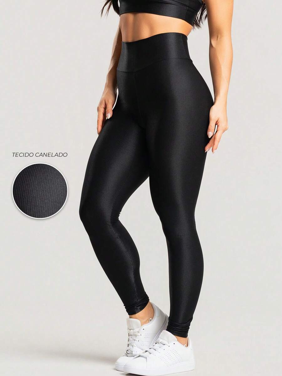 Women's Ribbed High Waist Shiny Premium Workout Fitness Leggings - màu đen - Xem 1