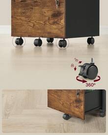 Caisson de Bureau à roulettes, Verrouillable, avec 2 Tiroirs, 5 roulettes, Barre de Suspension Réglables, pour Dossiers Suspendus au Format A4, Marron Rustique et Noir d'encre - Tabac - Voir 5