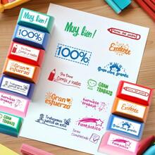 Spanische positive Aufmunterungsstempel, Set mit 12 Stück/8 Stück/5 Stück, Klassenraum-Bewertungsstempel für Einstellung und Fortschritt, Lehrerkadeau, spanisch Lernklassenzimmer Wesentliche mit Aufbewahrungsablage, Schulbedarf, Schulanfang