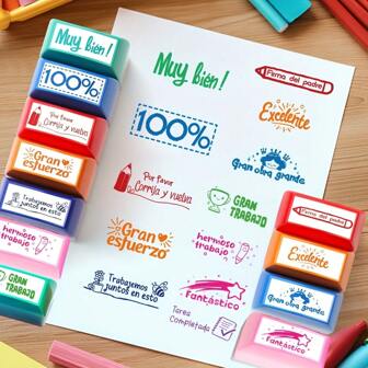 Sellos de aliento positivo en español, set de 12 piezas/8 piezas/5 piezas, sellos de calificación para actitud y progreso en el aula, regalo de maestro, artículo esencial para el aula de aprendizaje de español con bandeja de almacenamiento, útiles escolares, de vuelta a la escuela