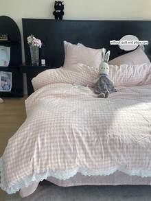 3pcs Black & White Plaid Lace Trim Bedding Set, Includes 1 Duvet Cover And 2 Pillow Shams (No Filling) - Pink - View 6
