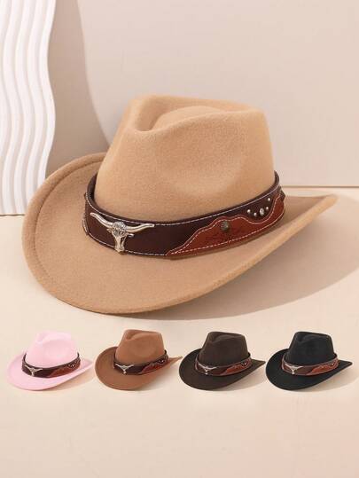 1顶男女通用牛仔帽，饰有仿皮牛头图案，毛毡材质，复古西部风格，四季皆宜，可拆卸，适合日常、户外活动、节日、派对等各种场合。