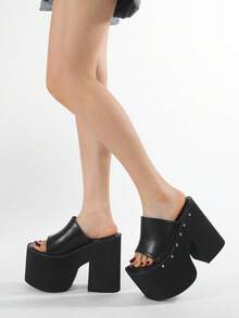 Gdgydh Popular European And American Style Thick-Soled Wedge Heel Sandals For Women Platform Classic Slippers Outdoor Black Platform Sandals Fashion Rivet High Heels Slip On - Black - View 3