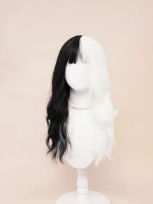 XYUNMI Cosplay Black And White Long Curly Wave Wig 26 Inch With Bangs Easy To Comb And Care Fashion Long Wig Lightweight Breathable Synthetic Heat Resistant Fiber Wig For Women Daily Wear Date Party Cosplay Halloween Lolita Long Curly Wig For All Races