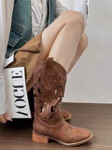 Retro Brown Western Cowboy Boots, Women Spring Autumn 2025 New V-Cut Hollow Mid-Calf Rider Boots, Vintage Style