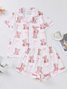 2 件套女士泰迪熊印花睡衣套装，包括带领和纽扣的短袖衬衫和宽松弹力短裤，漂亮时尚外套睡衣套装，休闲全季居家/户外睡衣 - 白色 - 查看 9