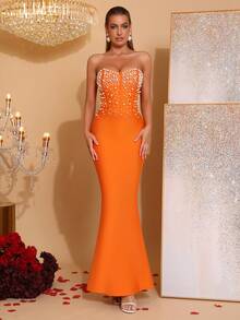 Nuevo vestido de novia con decoración de perlas rosa sin tirantes, vestido de fiesta y noche - Naranja - Ver 3