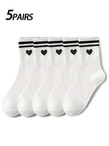 2双装女士纯色条纹爱心时尚百搭简约高品质柔软舒适吸湿中筒袜，适合返校季和情人节穿着。 - 彩色 - 查看 14