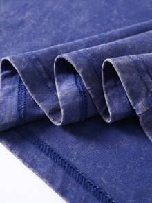 Vintage  Sporting Tee - Dog With Gear Print, 230g Washed Cotton, Loose Casual Shirt - Blue - View 4