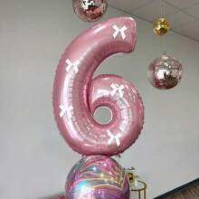 1 Pc 32 Inch Pearl Pink Number Foil Balloon & 5 Pcs White Bow Combination Set, Suitable For Wedding, Birthday, Anniversary, Graduation, Summer Party Decoration
