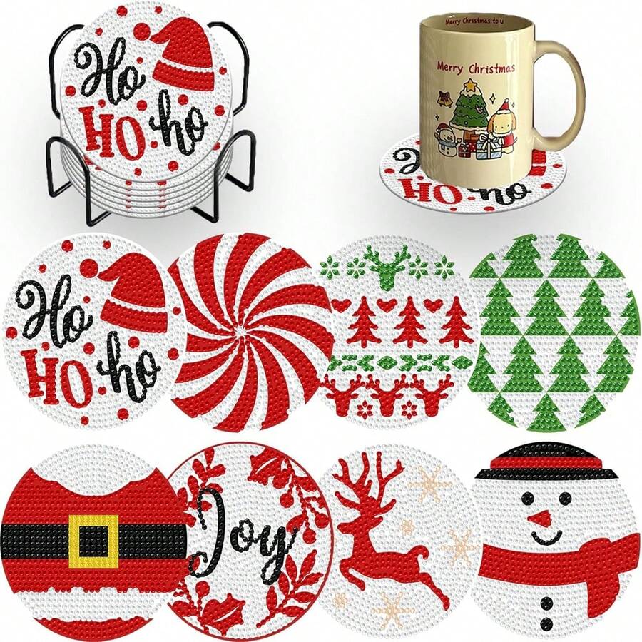 8pcs Christmas Diamond Art Coaster Set With Holder, DIY Diamond Art Coaster Adult Christmas Diamond Set - Multicolor - View 1