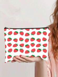 1 pieza Bolsa de cosméticos con estampado de fresa lindo, bolsa de aseo con patrón de doble cara, bolsa con cremallera de tela de poliéster para guardar accesorios pequeños y artículos de papelería, adecuada como regalo para amigos y niños, esencial de viaje de regreso a la escuela, vacaciones de verano, bolsa escolar para artículos escolares, bolsa de aseo de viaje - Multicolor - Ver 14